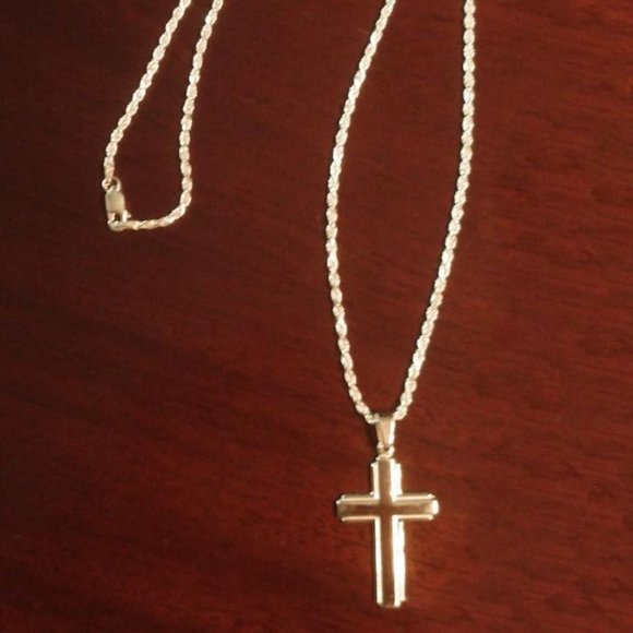 SOLID Sterling Silver Cross Pendant Necklace with Rope Chain Stamped 925 Italy - Picture 2 of 6